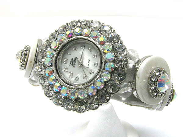 Crystal and acryl round disk stretch band fashion watch