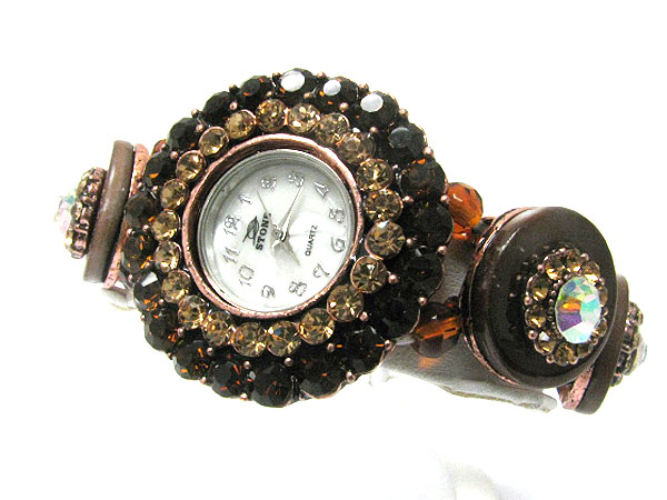 Crystal and acryl round disk stretch band fashion watch