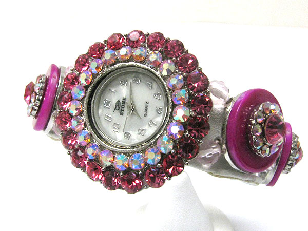 Crystal and acryl round disk stretch band fashion watch