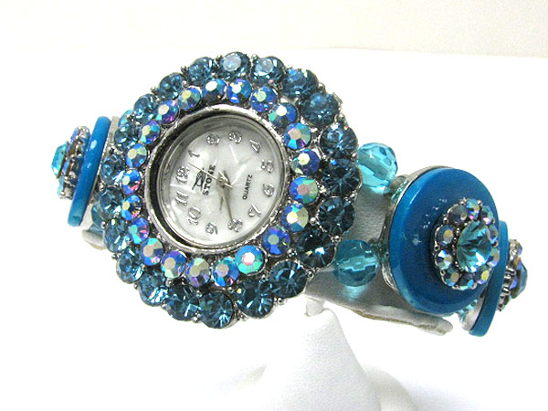 Crystal and acryl round disk stretch band fashion watch