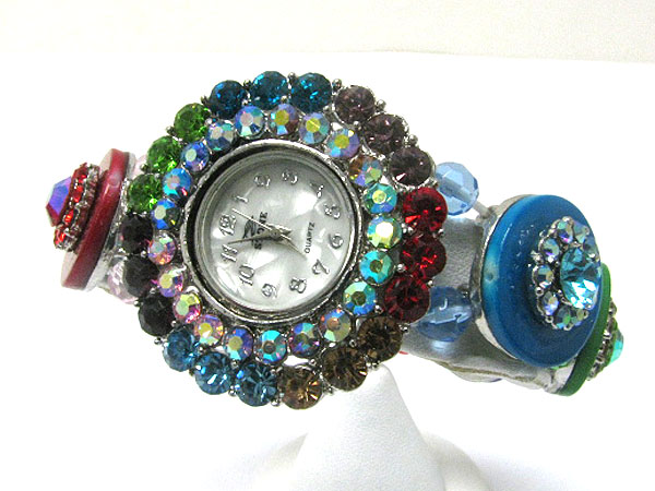 Crystal and acryl round disk stretch band fashion watch