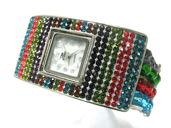 Crystal stud long metal and multi row beads stretch fashion watch