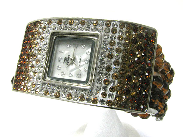 Crystal stud long metal and multi row beads stretch fashion watch