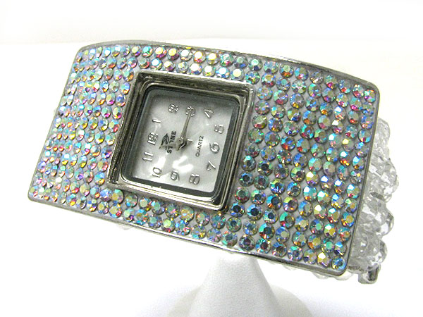 Crystal stud long metal and multi row beads stretch fashion watch