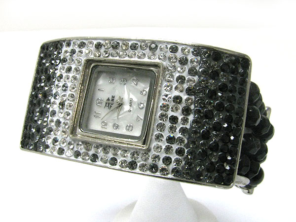 Crystal stud long metal and multi row beads stretch fashion watch