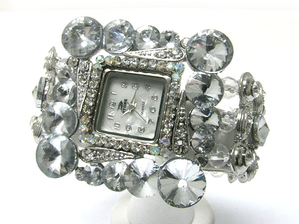 Crystal deco  square face crystal and metal disk stretch fashion watch