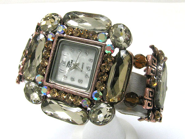 Crystal deco  square face and metal disk stretch fashion watch