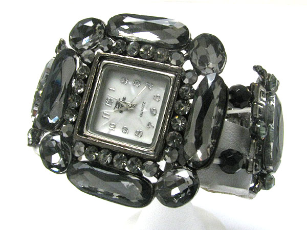 Crystal deco  square face and metal disk stretch fashion watch