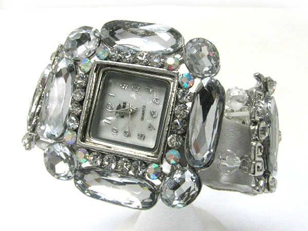 Crystal deco  square face and metal disk stretch fashion watch