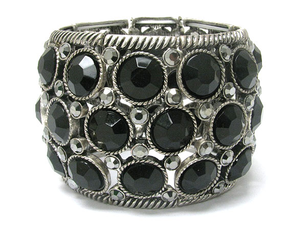 Crystal and galss stone deco wide metal stretch bracelet