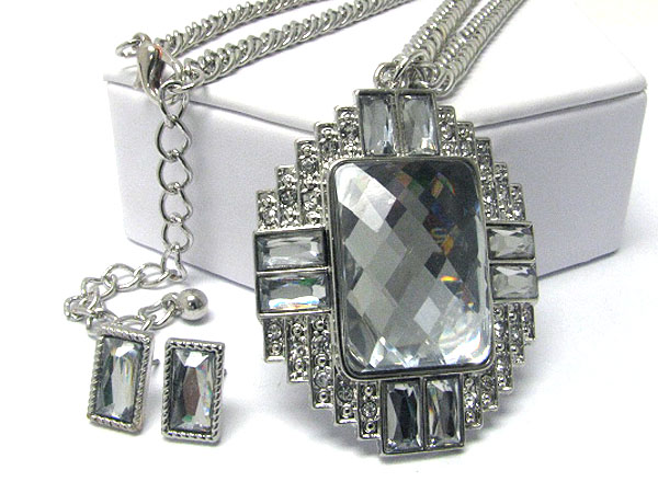 Crystal and facet glass deco pendant long necklace earring set