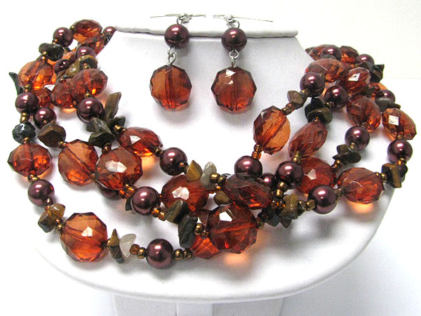 Multi strand acryl and chip stone necklace earring set