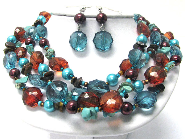 Multi strand acryl and chip stone necklace earring set