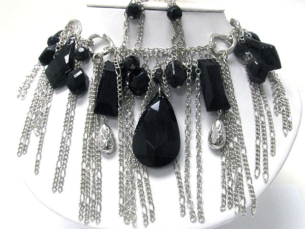 Multi facet acryl stone and chain drop necklace earring set