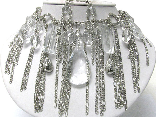 Multi facet acryl stone and chain drop necklace earring set