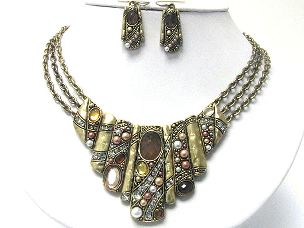 Crystal and acryl stone deco metal art bar drop necklace earring set