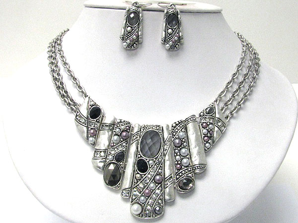 Crystal and acryl stone deco metal art bar drop necklace earring set