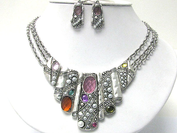 Crystal and acryl stone deco metal art bar drop necklace earring set