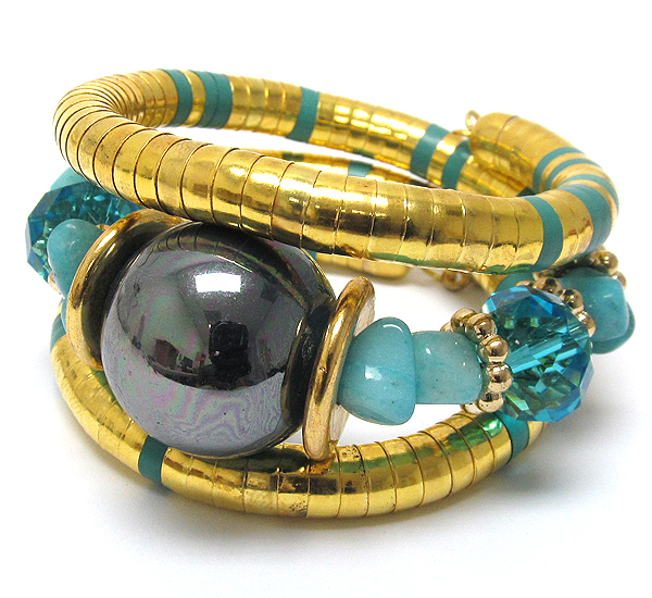 One acryl ball with turquoise stone and crystal glass coiled snake chain bracelet