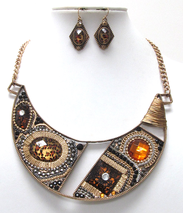 Architectural style facet glass multi sape and mix mesh metal chain bib style necklace earring set