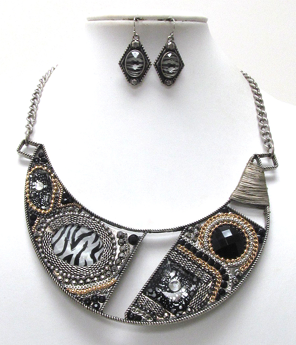 Architectural style facet glass multi sape and mix mesh metal chain bib style necklace earring set 