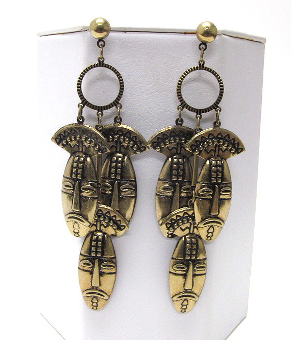 Three aztec warrior head drop dangle metal earring -western