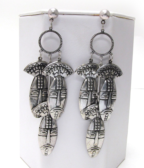 Three aztec warrior head drop dangle metal earring -western