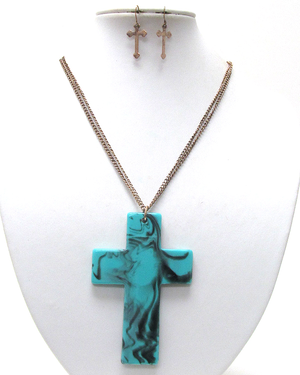 Large smokey turquoise cross long chain necklace earring set