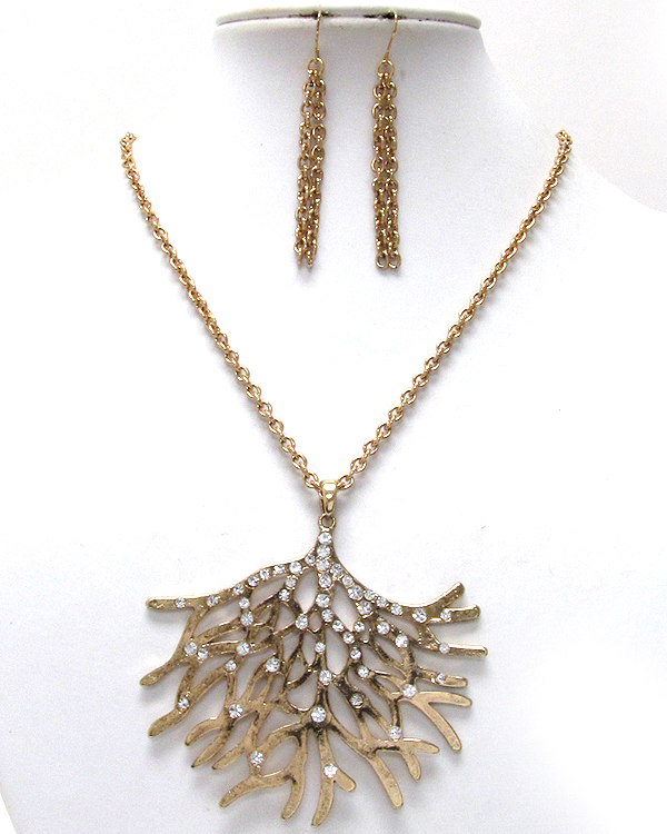 Crystal large textured leaf long chain necklace earring set