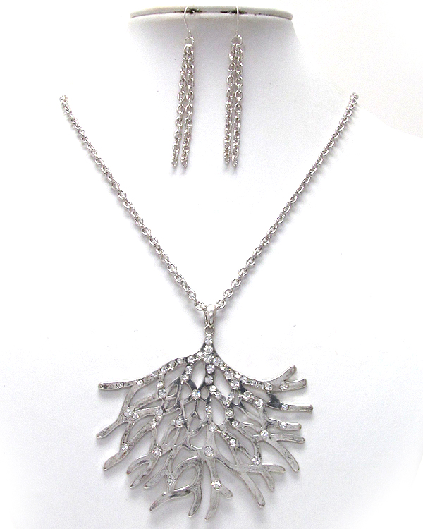 Crystal large textured leaf long chain necklace earring set