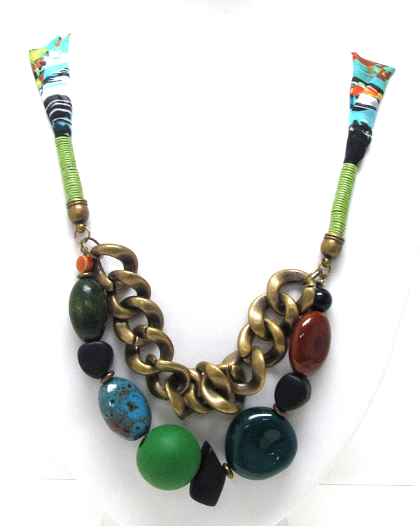 Mixed beads link and thick metal chain hanging and scarf back necklace