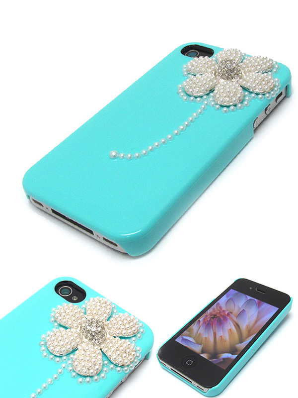 Multi size pearls on crystal flower cellphone case - hard case for iphone 4 - 4s