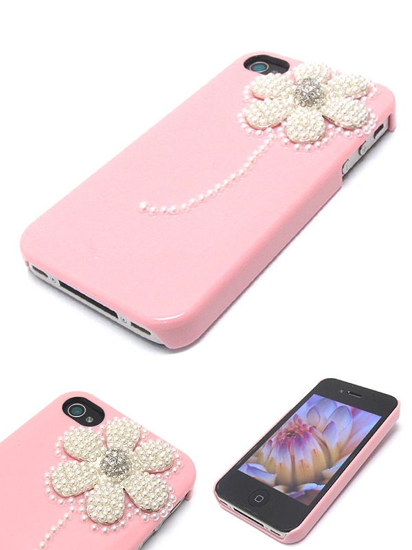 Multi size pearls on crystal flower cellphone case - hard case for iphone 4 - 4s