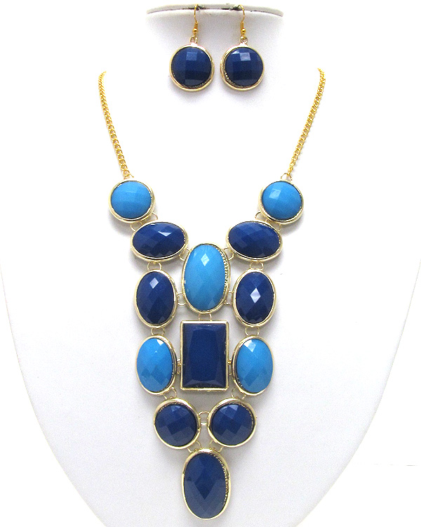 Designer style multi conetted facet cut acrylic puffy mix size ovals and square chain necklace earring set