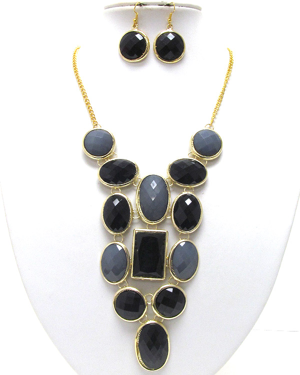 Designer style multi conetted facet cut acrylic puffy mix size ovals and square chain necklace earring set