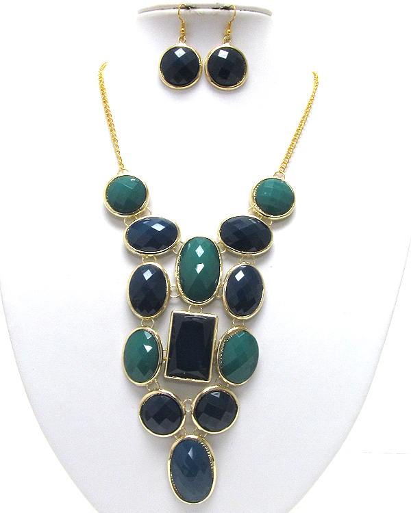 Designer style multi conetted facet cut acrylic puffy mix size ovals and square chain necklace earring set