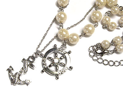 Made in korea whitegold plating crystal anchor and pearl beads string necklace