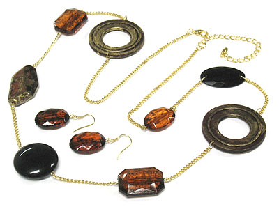 Acrylic patina and wooden ring chain necklace set