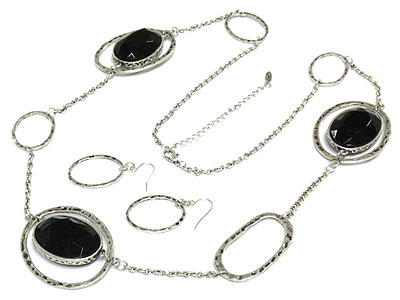 Both sided epoxy stone and metal ring chain necklace set