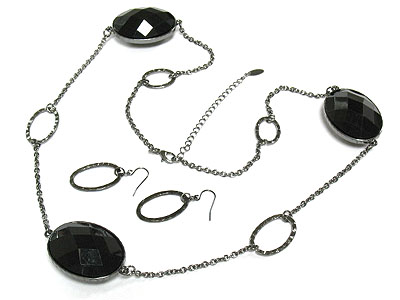 Both sided epoxy stone and metal ring chain necklace set