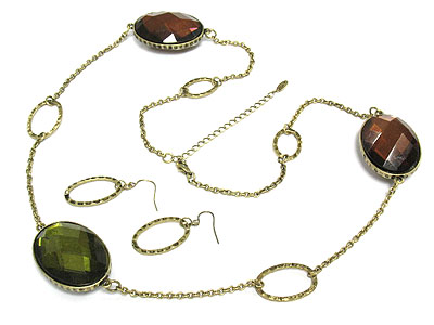 Both sided epoxy stone and metal ring chain necklace set