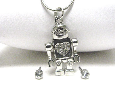 Crystal stud robot pendant necklace set