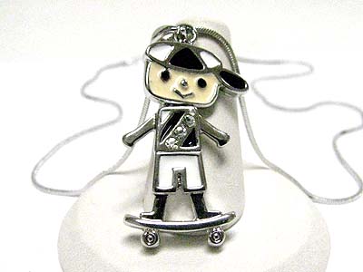 Crystal stud metal epoxy skating boy pendant necklace - special price