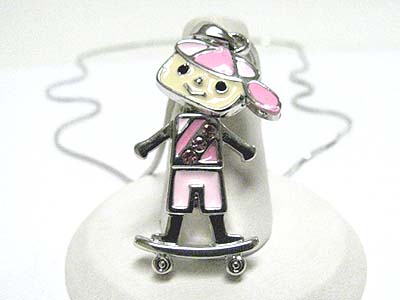 Crystal stud metal epoxy skating boy pendant necklace