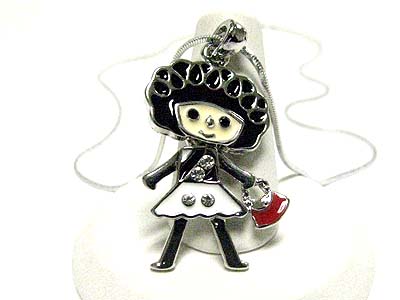 Crystal stud metal epoxy shopping girl pendant necklace