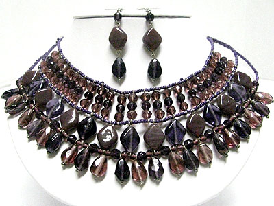 Triple layer multi beads drop necklace set