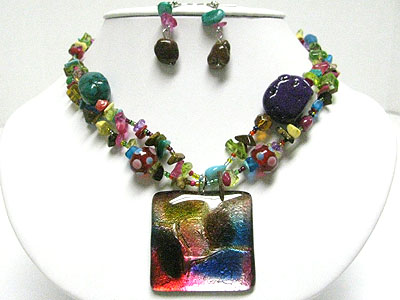 Murano glass square pendant multi beads necklace set