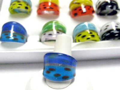 Sell by dozen - mixed color 12 pc murano glass ring - ajustable size mens jewelry