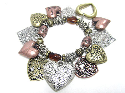 Tri tone metal filigree heart dangle stretch bracelet