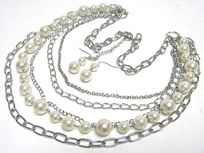 Pearl ball and multi metal chain long necklace set